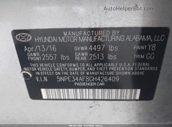 5NPE34AF8GH426409 2016 HYUNDAI SONATA Silver Engine compartment view