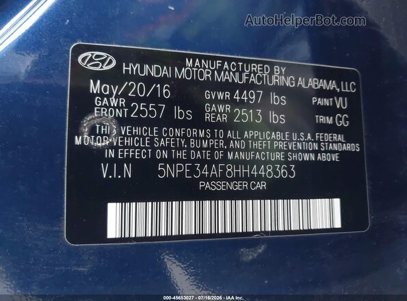 5NPE34AF8HH448363 2017 HYUNDAI SONATA Dark Blue Вид підкапотного простору
