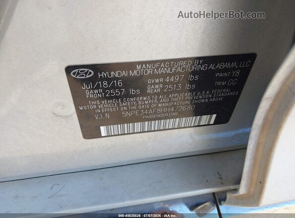 5NPE34AF8HH472680 2017 HYUNDAI SONATA Gray ძრავის განყოფილების ხედი