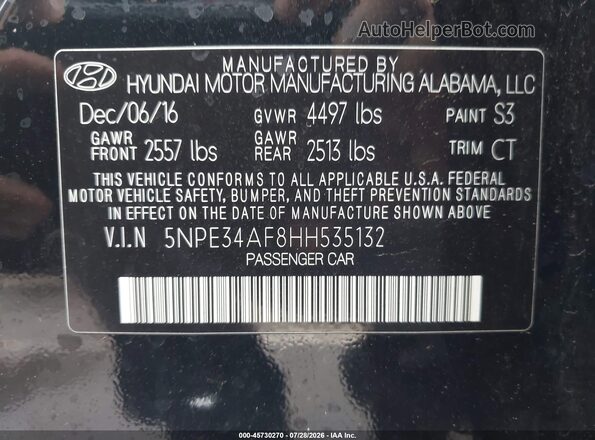 5NPE34AF8HH535132 2017 HYUNDAI SONATA Black Вид підкапотного простору