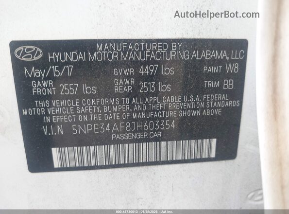 5NPE34AF8JH603354 2018 HYUNDAI SONATA White Engine compartment view