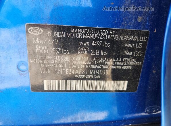 5NPE34AF8JH604035 2018 HYUNDAI SONATA Blue Շարժիչի բաժամունքի տեսք
