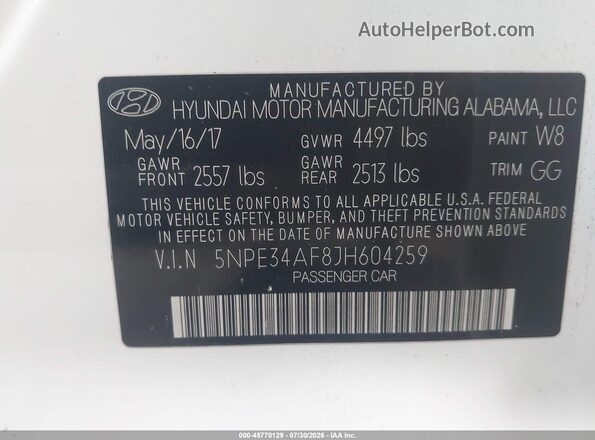 5NPE34AF8JH604259 2018 HYUNDAI SONATA Белый Вид подкапотного пространства