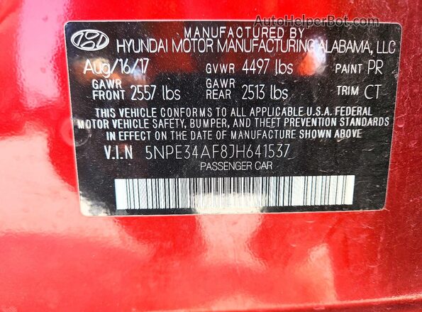 5NPE34AF8JH641537 2018 HYUNDAI SONATA Красный Вид наклейки с VIN-кодом