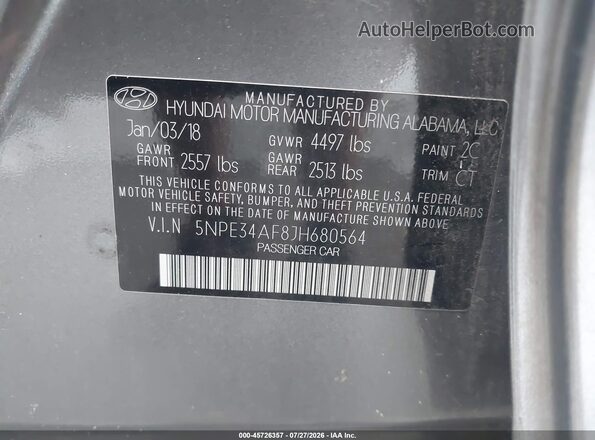 5NPE34AF8JH680564 2018 HYUNDAI SONATA Gray Widok komory silnika