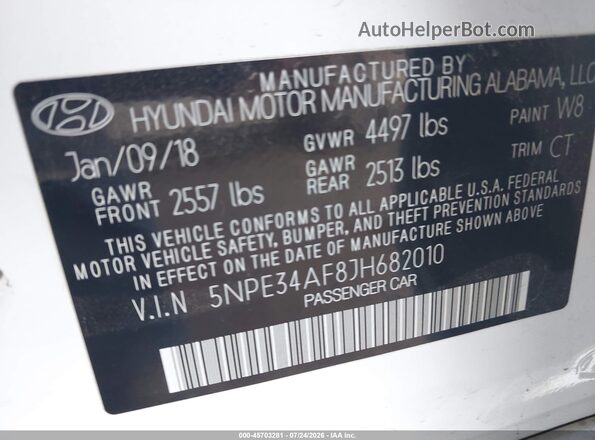 5NPE34AF8JH682010 2018 HYUNDAI SONATA White Вид підкапотного простору