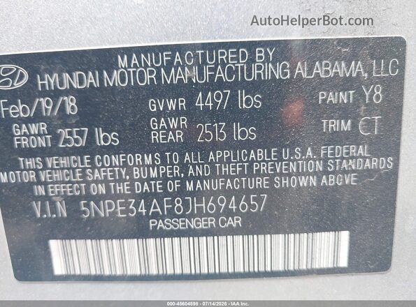 5NPE34AF8JH694657 2018 HYUNDAI SONATA Silver Շարժիչի բաժամունքի տեսք