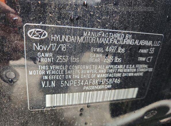 5NPE34AF8KH758746 2019 HYUNDAI SONATA Black Engine compartment view