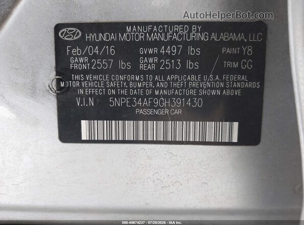 5NPE34AF9GH391430 2016 HYUNDAI SONATA Серебряный Вид подкапотного пространства