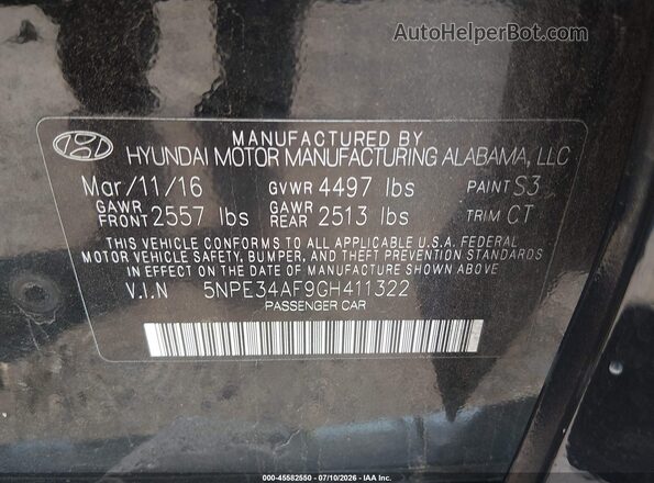 5NPE34AF9GH411322 2016 HYUNDAI SONATA Black Widok komory silnika