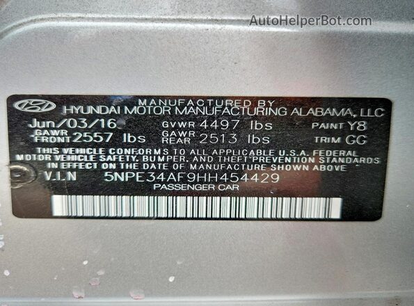 5NPE34AF9HH454429 2017 HYUNDAI SONATA Silver Vista del compartimento del motor