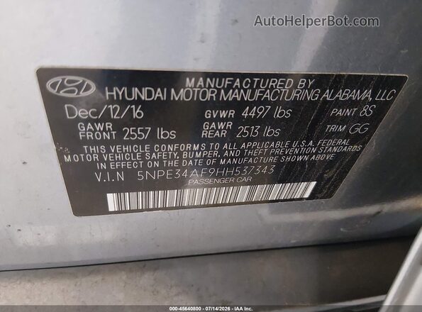 5NPE34AF9HH537343 2017 HYUNDAI SONATA Silver Շարժիչի բաժամունքի տեսք