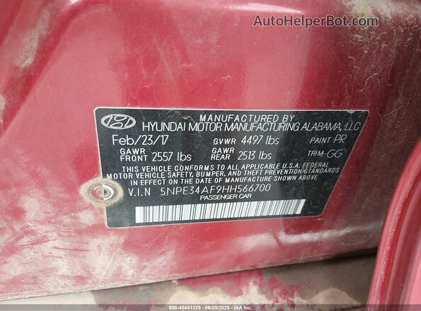 5NPE34AF9HH566700 2017 HYUNDAI SONATA Красный Вид подкапотного пространства