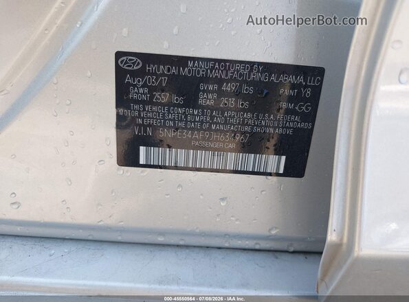 5NPE34AF9JH634967 2018 HYUNDAI SONATA Gray Շարժիչի բաժամունքի տեսք