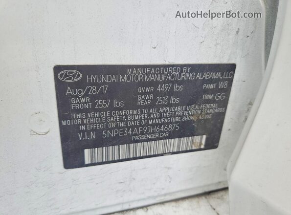 5NPE34AF9JH646875 2018 HYUNDAI SONATA Белый Вид наклейки с VIN-кодом