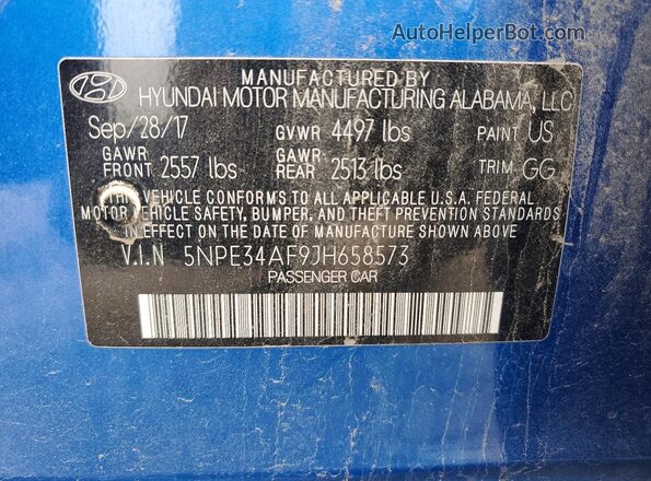 5NPE34AF9JH658573 2018 HYUNDAI SONATA Blue Vista del compartimento del motor