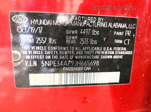5NPE34AF9JH665698 2018 HYUNDAI SONATA Red Вид підкапотного простору
