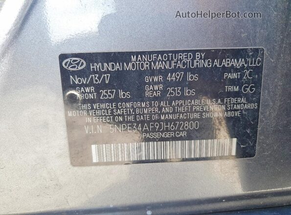 5NPE34AF9JH672800 2018 HYUNDAI SONATA Gray VIN կոդի պիտակի տեսք