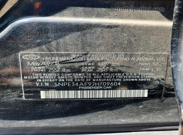 5NPE34AF9JH709604 2018 HYUNDAI SONATA Черный Вид наклейки с VIN-кодом