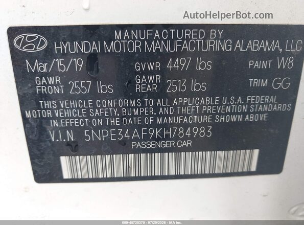 5NPE34AF9KH784983 2019 HYUNDAI SONATA White Вид підкапотного простору
