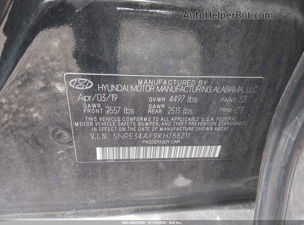 5NPE34AF9KH788211 2019 HYUNDAI SONATA Black Engine compartment view