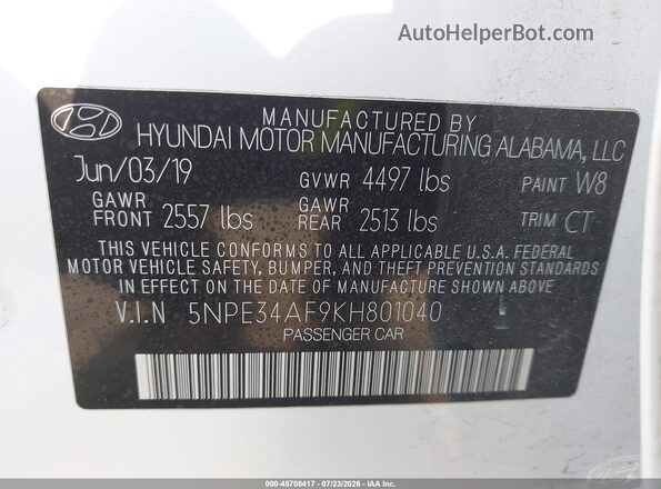 5NPE34AF9KH801040 2019 HYUNDAI SONATA White Vista del compartimento del motor