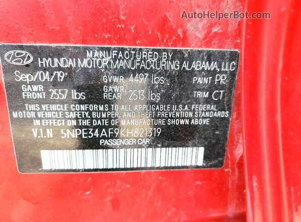5NPE34AF9KH821319 2019 HYUNDAI SONATA Красный Вид подкапотного пространства