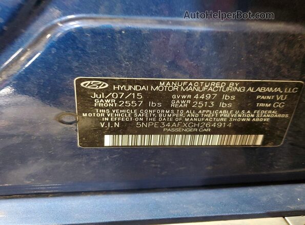 5NPE34AFXGH264914 2016 HYUNDAI SONATA Blue Widok naklejki z numerem VIN