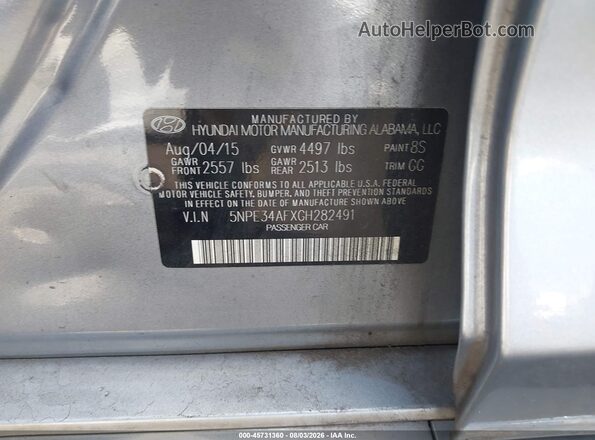 5NPE34AFXGH282491 2016 HYUNDAI SONATA Gray Вид підкапотного простору