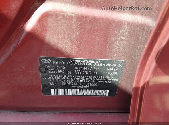 5NPE34AFXGH321886 2016 HYUNDAI SONATA Red ძრავის განყოფილების ხედი