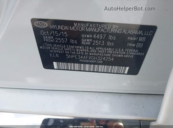 5NPE34AFXGH324254 2016 HYUNDAI SONATA White Вид підкапотного простору