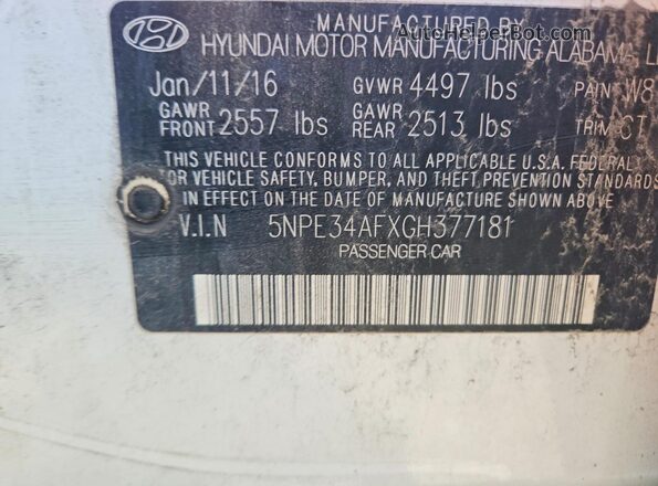 5NPE34AFXGH377181 2016 HYUNDAI SONATA White Vista del compartimento del motor