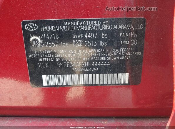 5NPE34AFXHH444444 2017 HYUNDAI SONATA Red Vista del compartimento del motor