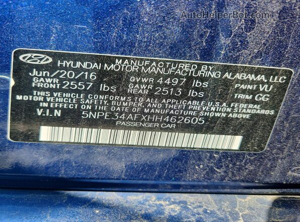 5NPE34AFXHH462605 2017 HYUNDAI SONATA Blue ძრავის განყოფილების ხედი