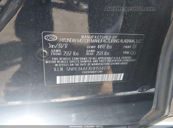 5NPE34AFXHH554278 2017 HYUNDAI SONATA Black Vista del compartimento del motor