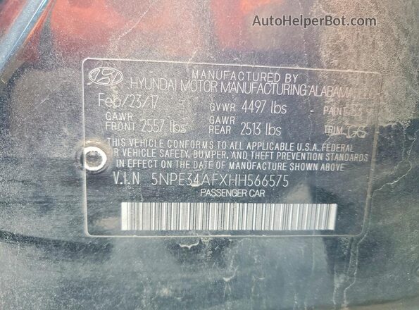 5NPE34AFXHH566575 2017 HYUNDAI SONATA Black ძრავის განყოფილების ხედი
