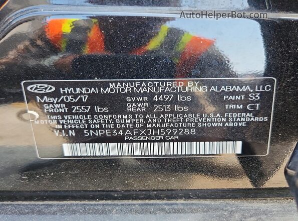 5NPE34AFXJH599288 2018 HYUNDAI SONATA Черный Вид наклейки с VIN-кодом