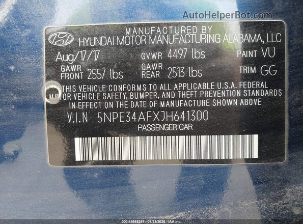 5NPE34AFXJH641300 2018 HYUNDAI SONATA Blue ძრავის განყოფილების ხედი