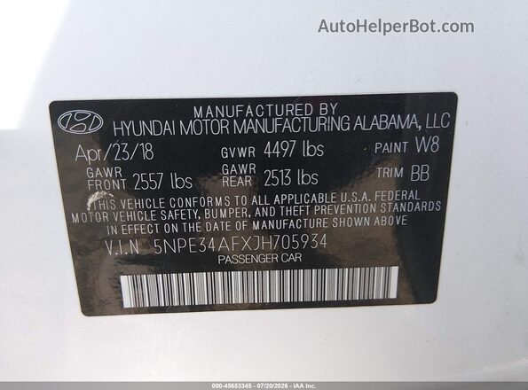 5NPE34AFXJH705934 2018 HYUNDAI SONATA White Vista del compartimento del motor