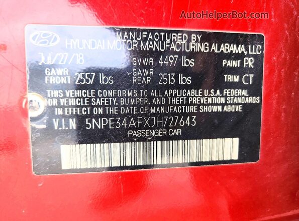 5NPE34AFXJH727643 2018 HYUNDAI SONATA Red Շարժիչի բաժամունքի տեսք
