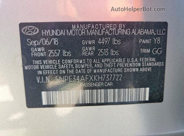 5NPE34AFXKH737722 2019 HYUNDAI SONATA Серебряный Вид наклейки с VIN-кодом