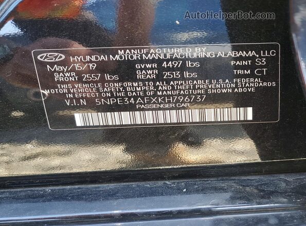 5NPE34AFXKH796737 2019 HYUNDAI SONATA Black Vista del compartimento del motor