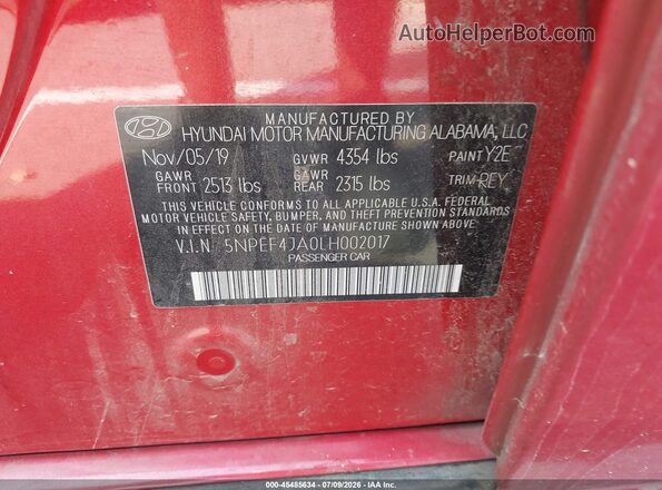 5NPEF4JA0LH002017 2020 HYUNDAI SONATA Red Widok komory silnika