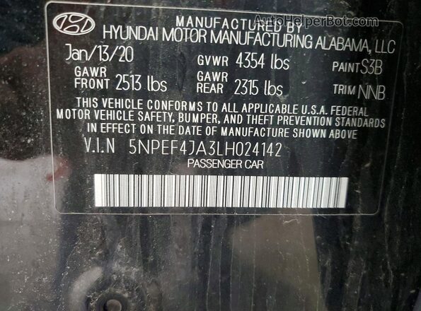 5NPEF4JA3LH024142 2020 HYUNDAI SONATA Black ძრავის განყოფილების ხედი