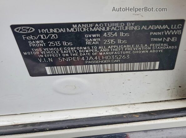 5NPEF4JA4LH035263 2020 HYUNDAI SONATA White Շարժիչի բաժամունքի տեսք