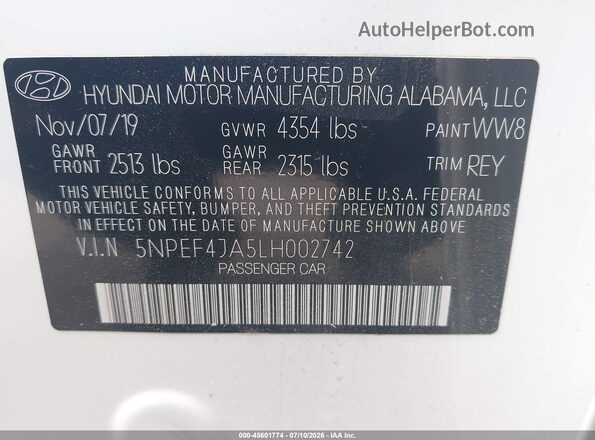 5NPEF4JA5LH002742 2020 HYUNDAI SONATA Белый Вид подкапотного пространства