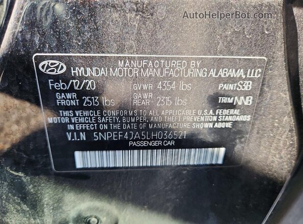 5NPEF4JA5LH036521 2020 HYUNDAI SONATA Black VIN კოდის სტიკერის ხედი