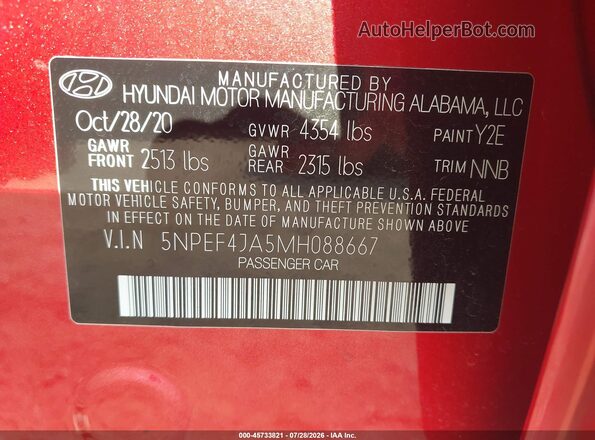 5NPEF4JA5MH088667 2021 HYUNDAI SONATA Maroon ძრავის განყოფილების ხედი