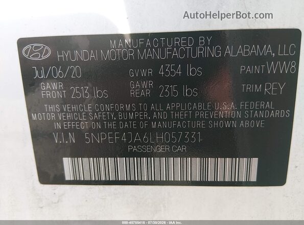 5NPEF4JA6LH057331 2020 HYUNDAI SONATA White Շարժիչի բաժամունքի տեսք
