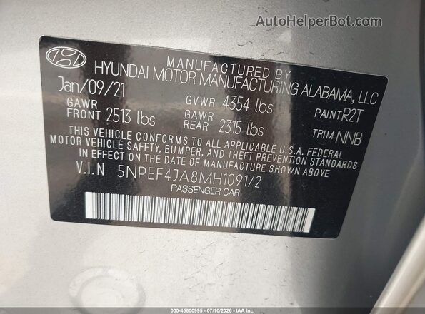 5NPEF4JA8MH109172 2021 HYUNDAI SONATA Серебряный Вид подкапотного пространства